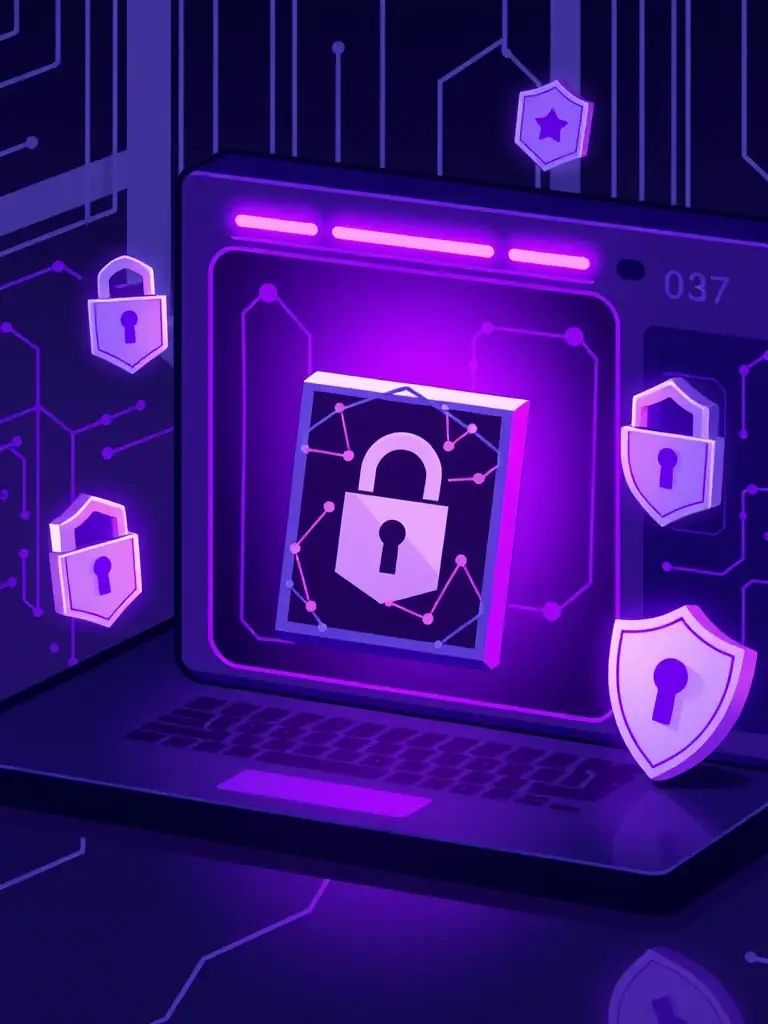 A digital illustration of an NFT transaction secured by escrow, with a focus on privacy. The image features a stylized NFT artwork being exchanged through a secure, dark-themed platform with purple highlights.