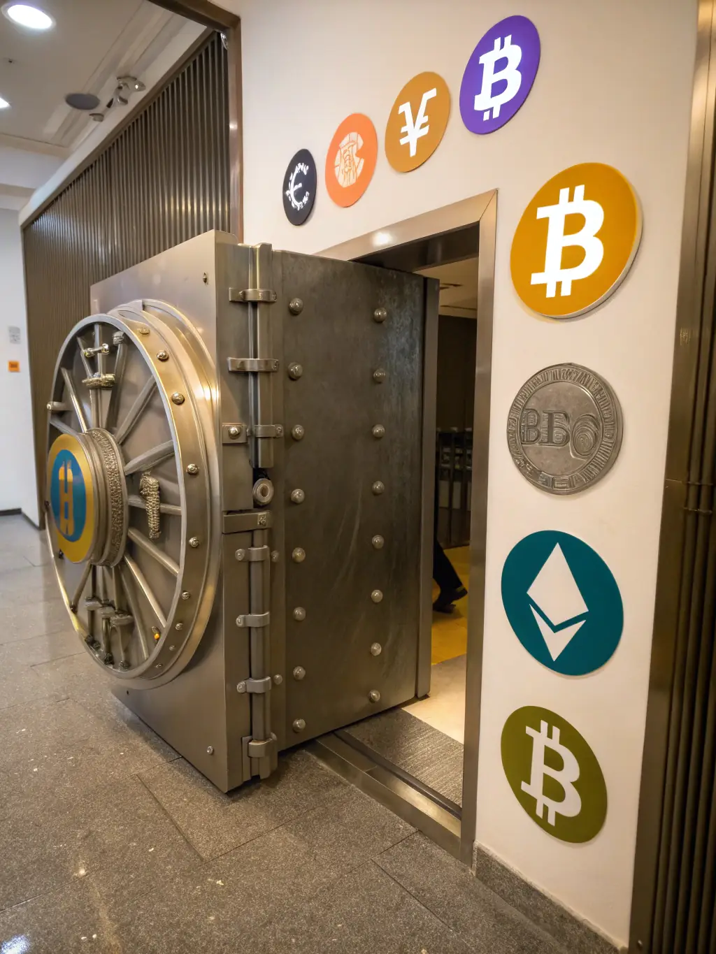 A digital image of a secure vault with cryptocurrency symbols inside, representing secure and private coin storage. The vault is dark with purple accents, emphasizing security and anonymity.