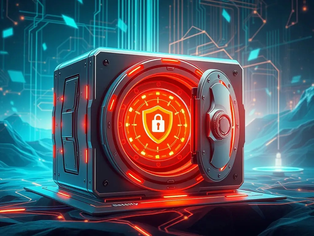 An image depicting a secure digital vault with multiple layers of encryption and biometric access controls, set against a dark background with purple highlights to convey enhanced security.