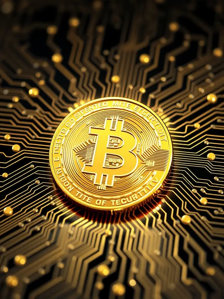 A digital illustration of the Bitcoin logo, showcasing its iconic 'B' symbol in gold against a dark, tech-themed background, representing its support on Black Escrow's instant swap service.