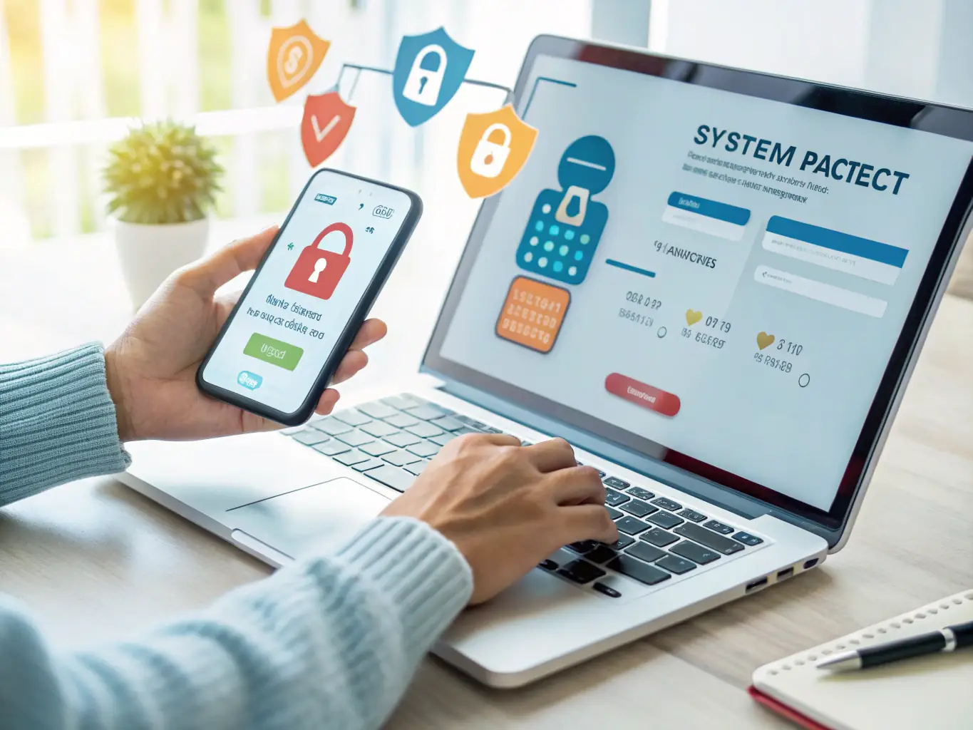 An image depicting a multi-factor authentication process on a smartphone, with a user confirming their identity through a biometric scan and a one-time password, set against a dark background with purple highlights, emphasizing the added layer of security.